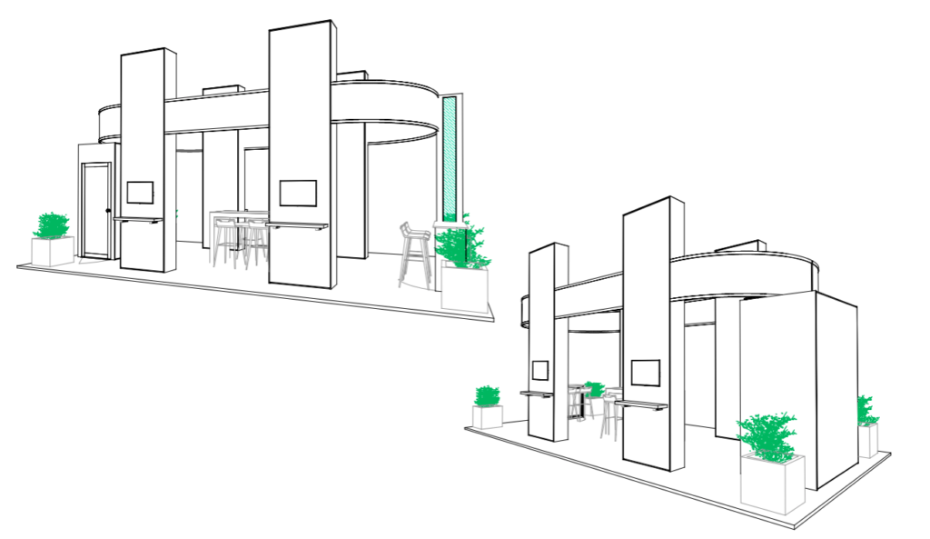 Exhibition booth with tall white columns, curved walls, bar-height tables, and green potted plants